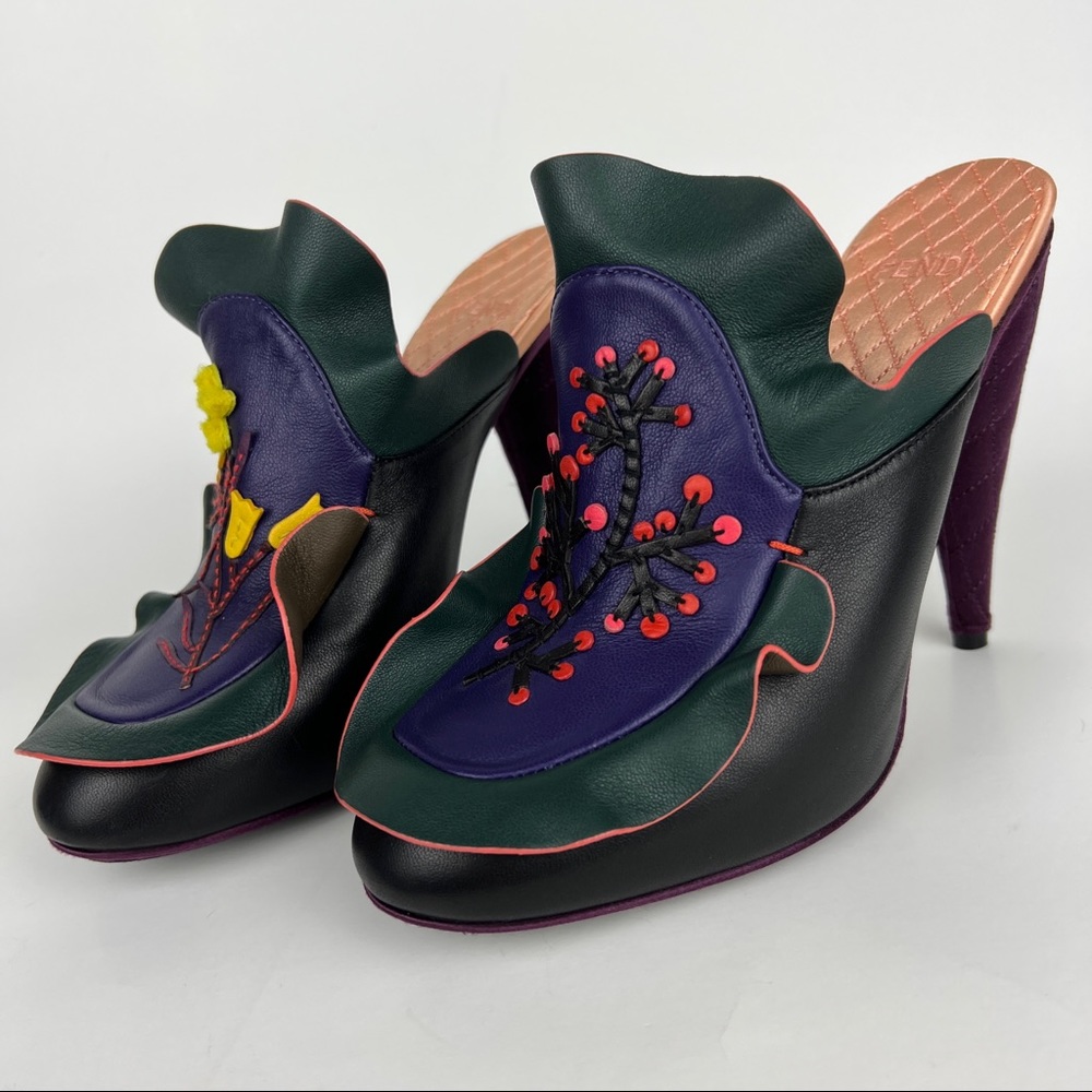 Fendi Floral Embroidered Leather Ruffle Heeled Mules